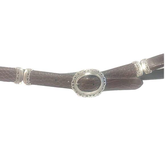 Womens Faux Alligator Belt Black Brown Embossed Round Buckle Reversible Silver - Picture 5 of 5